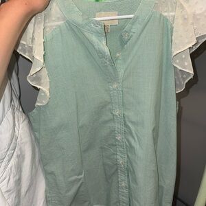 Green Sleeveless Ruffled Button Down Top